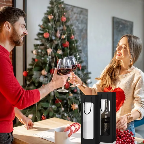 Vista 7 de Tioncy 24 bolsas de regalo de botella de vino individual de Navidad, bolsas de champán para bodas a granel con ventana transparente, cajas