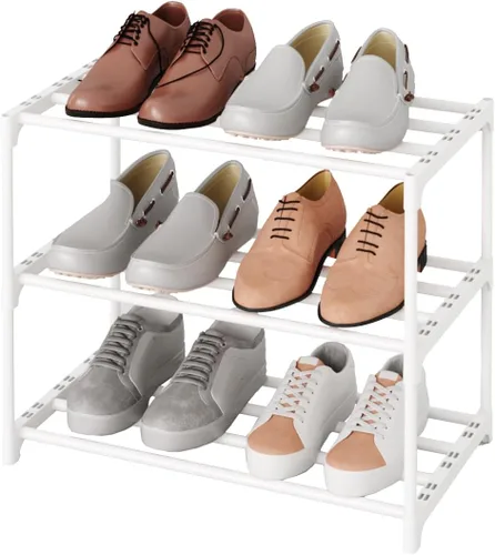 Vista 5 de Zapatero pequeño apilable, soporte estrecho para zapatos para niños, estante de almacenamiento de zapatos de metal para 6-8 pares de zapatos, Negro