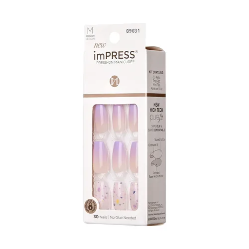 Vista 2 de Uñas postizas sin pegamento KISS imPRESS, diseño "All I Want" Púrpura y Blanco