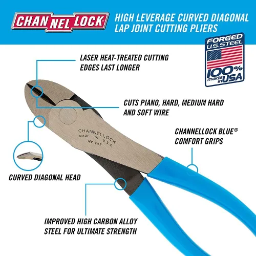 Vista 2 de Channellock 447 GIDDS2-821226 Alicates de corte diagonal de mandíbula curvada gris/azul, diagonal curvada de 7.5 pulgadas