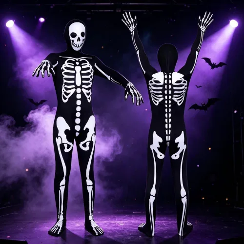 Vista 3 de Disfraz Zentai de esqueleto con capucha de Halloween, elástico, de elastano, cuerpo completo, para cosplay, fiesta, carnaval