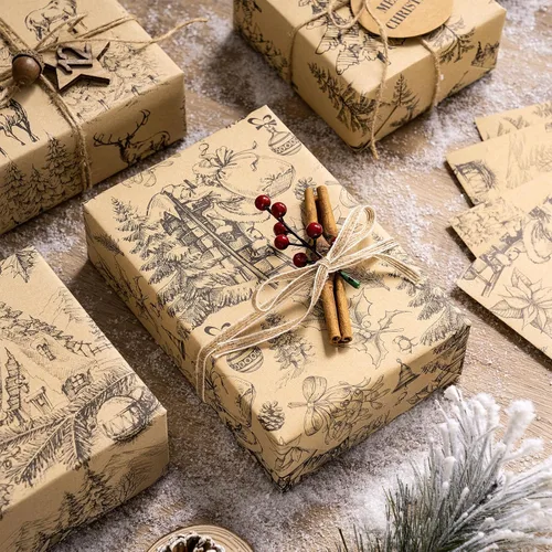 Vista 3 de RUSPEPA Papel de regalo Kraft - Diseño de reno negro y árbol de Navidad - Perfecto para Navidad, cumpleaños o cualquier ocasión - 12 hojas dobladas