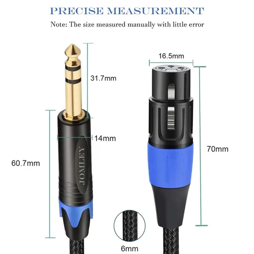 Vista 5 de Cable de micrófono equilibrado TRS hembra XLR a 1/4 de pulgada (0.250 in), trenzado de nailon de 3 pines XLR hembra a cuarto de pulgada TRS macho