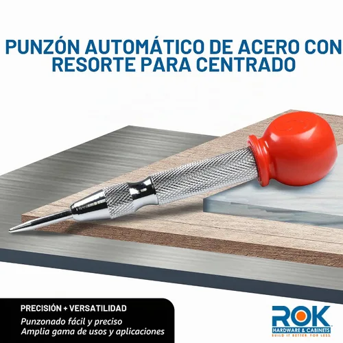Vista 2 de Rok Hardware 5-1/8 "Herramienta automática de perforación de agujero central de acero con resorte para metal, madera y plástico ROKCPUNCH