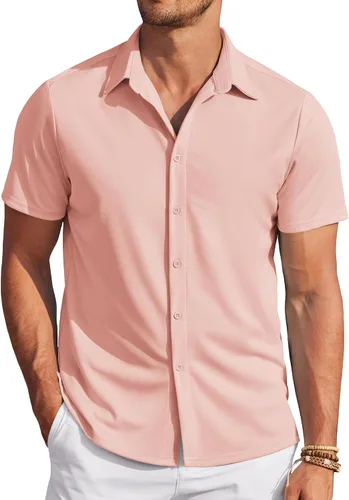 Vista 20 de COOFANDY - Camisas sin arrugas para hombre, casual, manga corta, con botones, de verano, elástica, de vestir