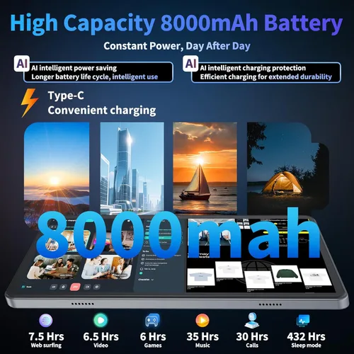 Vista 7 de Tablet de 10 pulgadas, tableta Android 15 2026 con teclado, 26 GB+256 GB+2 TB expandir, tabletas PC con Gemini AI, Octa-Core, 8000 mAh, WiFi 5G