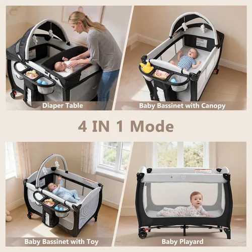 Vista 2 de Kinder King Corral Portátil 4 en 1, Corral para Bebé con Moisés, Corralito Grande para Bebés y Niños Pequeños, Cambiador para Recién Nacidos, Toldo