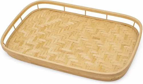 Vista 2 de PEMAR Juego de 4 bandejas de servir de mimbre de bambú para alimentos y bebidas, bandejas rectangulares para desayuno en la cama con asas, bandejas