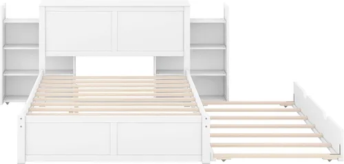 Vista 4 de SOFTSEA Marco de cama de tamaño matrimonial con estantería extraíble en cabecero, cama de almacenamiento de madera, marco de cama de plataforma