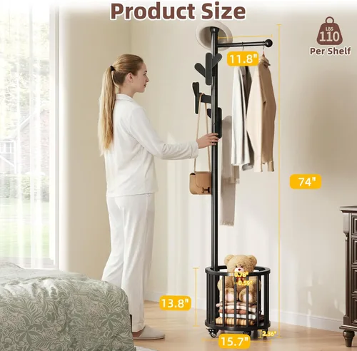 Vista 2 de CozyDH Perchero de madera con soporte para paraguas y ruedas, perchero independiente con múltiples ganchos, resistente para entrada, dormitorio