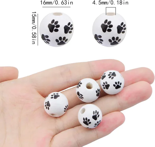 Vista 3 de 100 cuentas espaciadoras de madera con estampado de pata de perro de 0.63 pulgadas, cuentas redondas de huellas de perro en blanco y negro