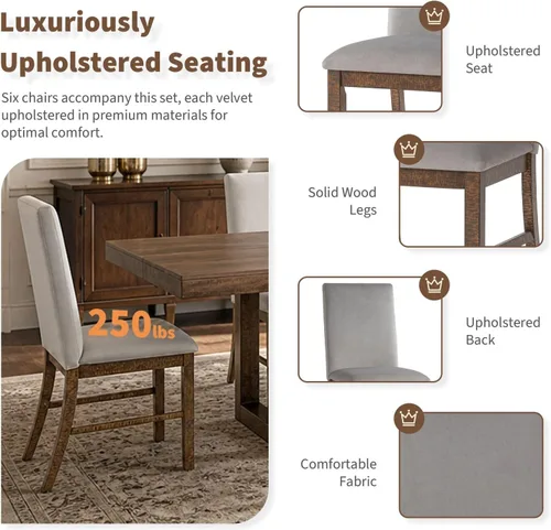 Vista 6 de LUMISOL 7 Piece Dining Table Set for 6, 60 to 72 Inch Extendable Dining Table with 12 Inch Butterfly Leaf and 6 Upholstered Chairs, Rustic Wood Brown