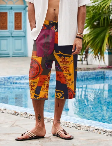 Vista 2 de COOFANDY Pantalones capri de lino para hombre, pantalones casuales con cordón, pantalones holgados de harén, pantalones capri de playa de pierna