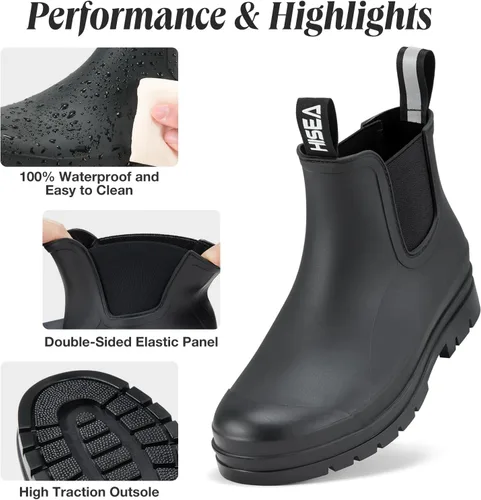 Vista 2 de HISEA Botas de lluvia cortas para mujer, impermeables, botas Chelsea al tobillo, botas de lluvia de goma antideslizantes para mujer con plantilla
