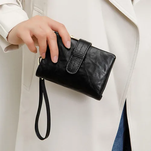 Vista 4 de Carteras pequeñas de cuero Rfid para mujer, billeteras dobladas medianas para mujer, cartera compacta y triple plegable con correa para la muñeca