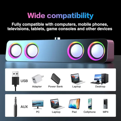 Vista 6 de Elimavi Altavoces de computadora para PC de escritorio, altavoces de 2.0 canales con iluminación LED estática y control de volumen, con una entrada