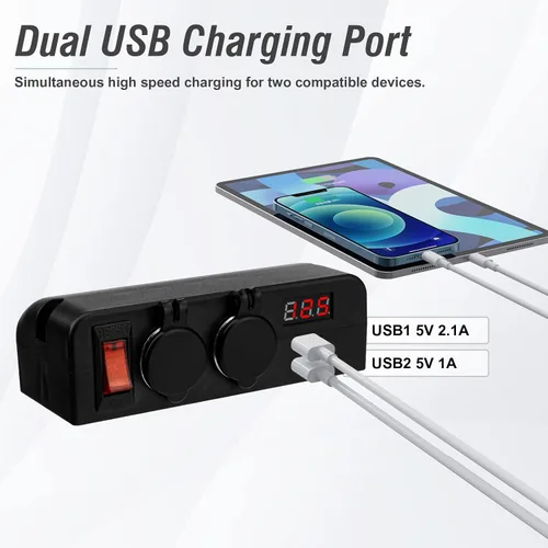 Vista 4 de BlueFire Cargador de enchufe USB doble, adaptador divisor de encendedor de cigarrillos con voltímetro LED, interruptores de encendido/apagado