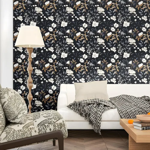 Vista 4 de ILHIIOR Papel tapiz floral azul oscuro para despegar y pegar, papel de contacto de hojas bohemias, papel de contacto con flores oscuras, extraíble