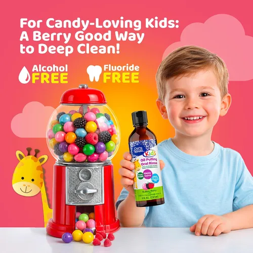 Vista 2 de GuruNanda Aceite para niños, enjuague bucal sin alcohol, aceites esenciales y vitaminas para aliento fresco y encías felices para edades de 6 años