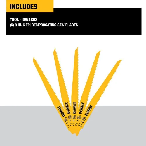 Vista 2 de DEWALT Reciprocating Saw Blades, Tapered Back, Bi-Metal, 9-Inch 6-TPI, 5-Pack (DW4803)
