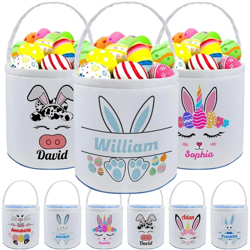 Vista 18 de Cesta de Pascua personalizada con nombre para niños, lona personalizada, cubo de Pascua, regalo para niños y niñas