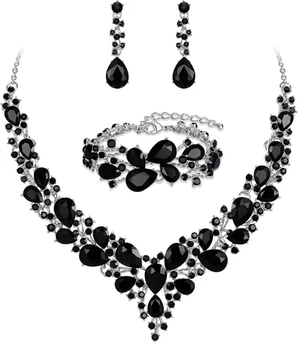 Vista 7 de BriLove - Juego de joyas de boda con cristales austriacos, collar, aretes y pulsera para mujer 01-Tono plateado transparente