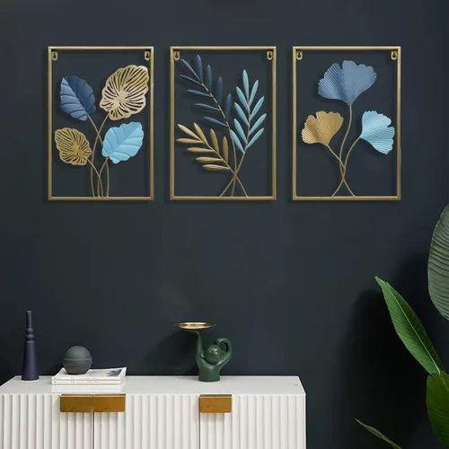Vista 4 de MKUN Esculturas de pared de hierro – Juego grande de 3 piezas rectangulares de metal para decoración de pared con arte de ginkgo biloba, ideal