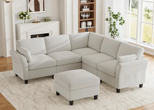 Vista 20 de Legend Vansen Sofá modular seccional, cómodo sofá modular en forma de U de 6 asientos con espacio de almacenamiento y diván, sofás seccionales Crema