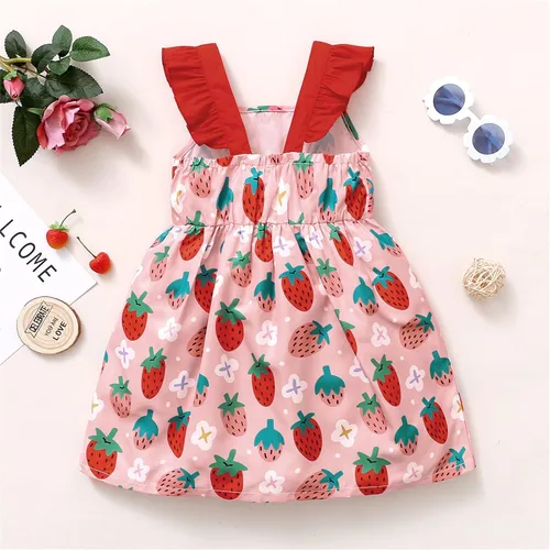Vista 4 de Vestido de colibrí con estampado de fruta y fresa, sin mangas, para niñas pequeñas, para la playa, para niñas pequeñas, color rosa, 5-6 años