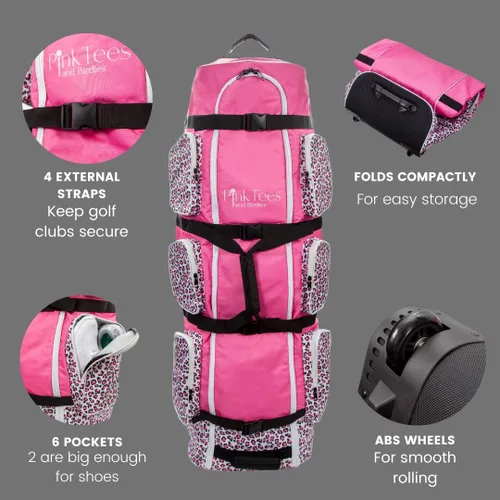 Vista 3 de Bolsa de golf para mujer con ruedas - Oxford 600D resistente, 6 bolsillos, ruedas ABS, aprobada por aerolíneas, rosa