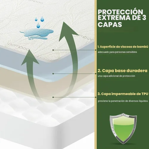 Vista 4 de Protector de colchón impermeable tamaño Queen, protector de colchón transpirable de rayón de bambú con bolsillos elásticos profundos, hipoalergénico