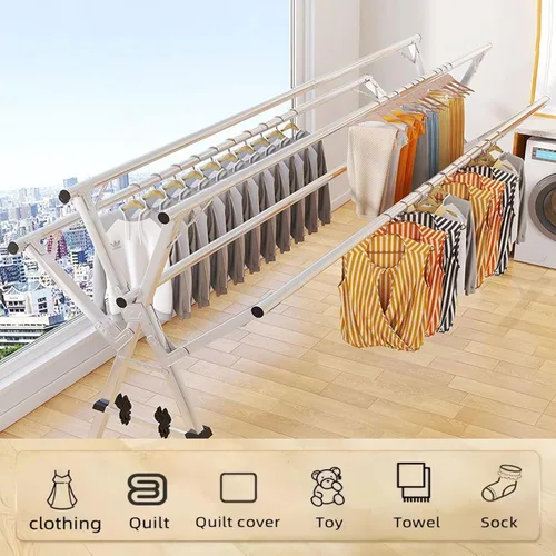 Vista 4 de Estante de secado de ropa ajustable de 5 bares, soporte plegable de acero inoxidable con ruedas bloqueables, extensible de 59 a 94.5 pulgadas