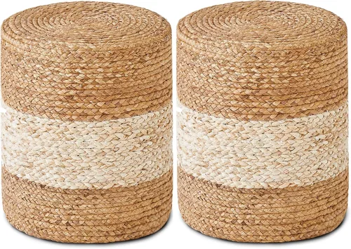 Vista 9 de Wimarsbon 2 puf otomanos, taburete de hierba marina natural, otomana redonda tejida a mano, asiento decorativo bohemio, puf trenzado de yute
