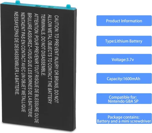 Vista 2 de Battery for Nintendo Gameboy Advance SP 1600mAh Rechargeable Lithium-ion Battery Replacement for Nintendo GBA SP AGS-001 SAM-003