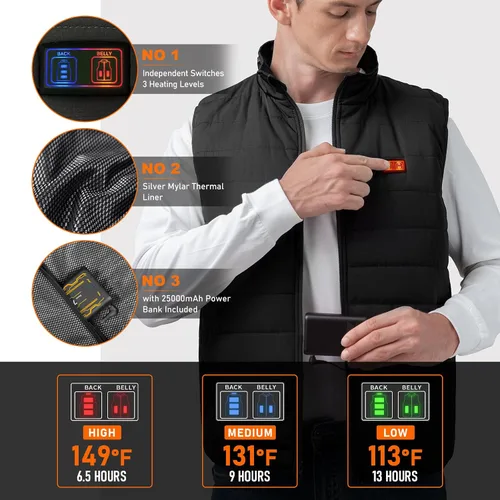 Vista 3 de LABCOOL Chaleco térmico para hombres y mujeres con batería de 7.4 V y 25000 mAh incluida, calentador de cuerpo eléctrico, chaleco cálido recargable