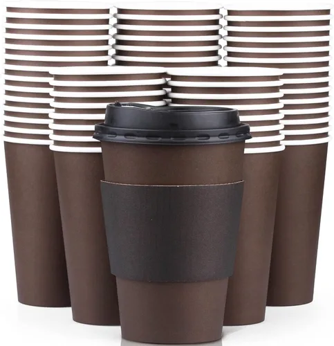 Vista 10 de Promora Tazas de café café desechables de 16 onzas con tapas y mangas, tazas de papel prémium (paquete de 100)