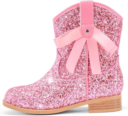 Vista 9 de Coutgo Botas vaqueras para niñas, botas de tacón bajo con purpurina, botas Azul