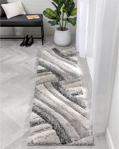 Vista 5 de Tapete peludo de felpa suave con textura en 3D, diseño de rayas geométricas, color azul y gris, grueso y suave