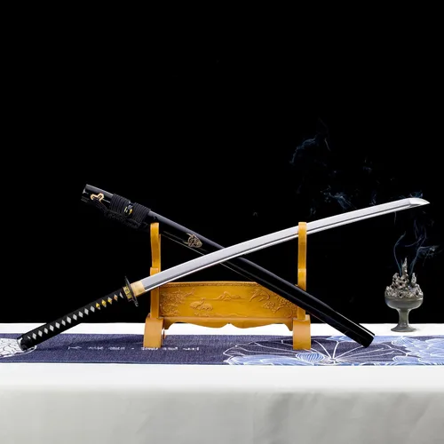 Vista 4 de Katana Sword Real Rayskin 9260 - Espada samurái negra y kit de limpieza profesional Katana