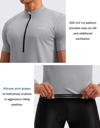 Vista 4 de Bikewa Maillot de ciclismo para hombre que absorbe la humedad, manga corta, UPF media cremallera, ciclismo, ciclismo de carretera, camisas