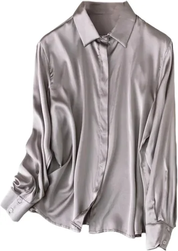 Vista 7 de Women's Satin Silk Buttons Down Long Sleeve Solid Dress Shirts Top Soft Blouse Collar Office Work