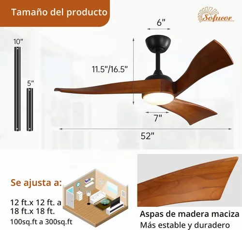 Vista 7 de Sofucor Ventilador de techo de 52 pulgadas con luz y control remoto, 3 aspas de madera maciza, motor de CC silencioso, 6 velocidades 5000 CFM, LED
