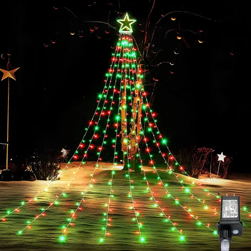 Vista 12 de BlcTec Luces de Navidad para exteriores, 317 luces LED de estrella de Navidad con 9 hebras de luces de árbol de cascada de 11.9 pies, 8 modos