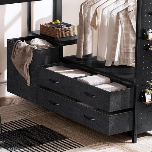 Vista 6 de Cama alta de metal tamaño Queen con escritorio, cajones de almacenamiento y poste de tendedero, marco de cama alta resistente con tablero de Negro