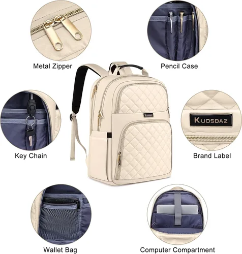 Vista 6 de Mochila Kuosdaz para Mujeres, Beige, 15,6 pulg. 15.6 Inch Cute Quilted Laptop Backpack, Large Bookbag for Middle School College Students, Beige