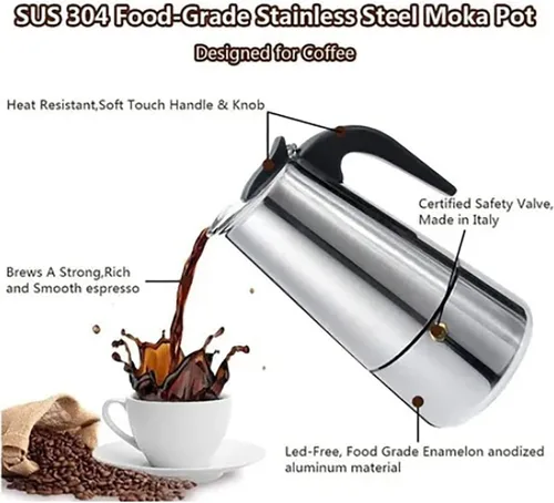 Vista 8 de Cafetera de café expreso para estufa, 3.4 fl oz, 2 tazas, cafetera italiana de acero inoxidable para cocinas de inducción