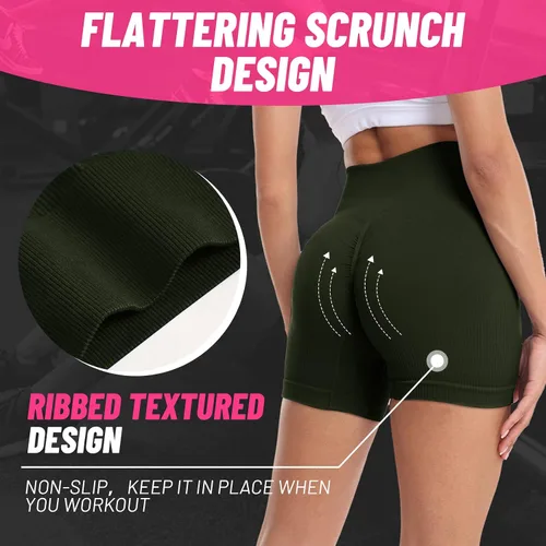 Vista 2 de LAWAKE Pantalones cortos de entrenamiento para mujer, con levantamiento de glúteos, cintura alta, sin costuras, acanalados, para ciclismo, gimnasio