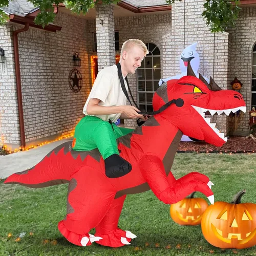 Vista 2 de Camlinbo Disfraz inflable de dinosaurio de Halloween para adultos hombres y mujeres disfraz inflable de jinete de Halloween fiesta de cosplay