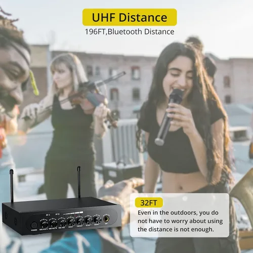 Vista 4 de PROZOR Micrófono Inalámbrico UHF con Control de Volumen, Agudos, Graves y Eco, Micrófono Inalámbrico Recargable Dual de Mano Sistema de Micrófono