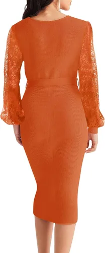 Vista 3 de MEROKEETY Vestido de suéter de manga larga con cuello en V para mujer, sexy, de punto envolvente, ajustado, con cinturón